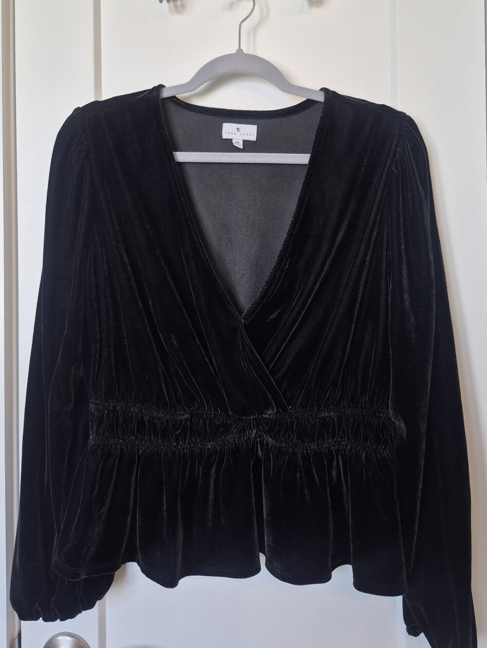 True Craft Black Velvet V-Neck Ruched Blouse